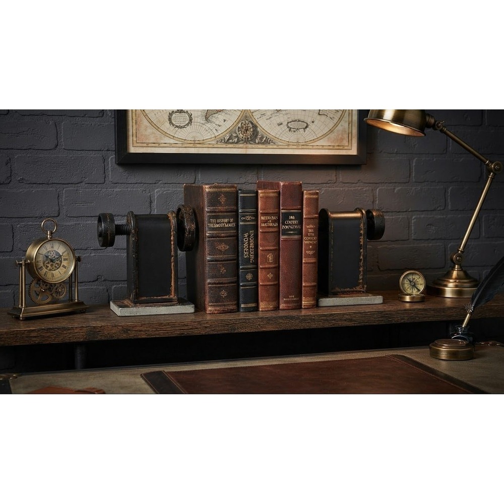 Industrial Cast Iron Machine Wheel Bookends Vintage Steampunk Decor Set R1